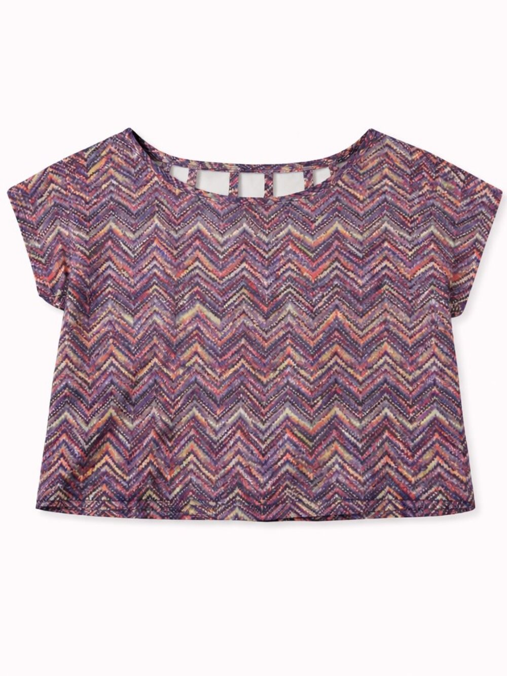 Material Girl Purple Chevron Short Sleeve Cropped Top with Open Back, Size Med